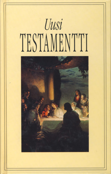 Uusi testamentti, kuvakansi, "ehtoollinen", yksipalstainen teksti, koko 114 x 180 mm