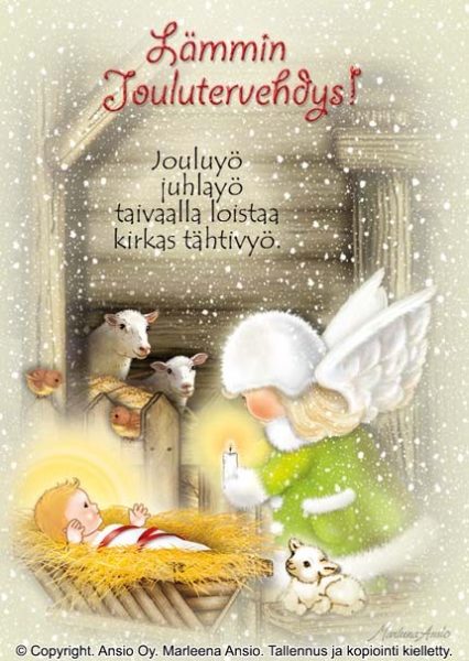 Joulukortti: Enkeli ja seimi