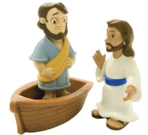 Lelu / figuuri (Jeesus, Pietari ja vene) ja pieni kirja (engl.)