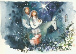 Joulukortti: Joosef, Maria ja Jeesus